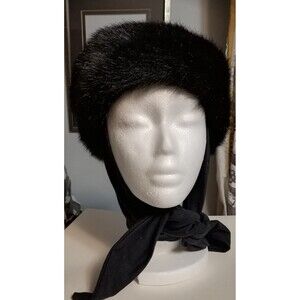 Vintage Women Black Faux Fur Hat with Scarf